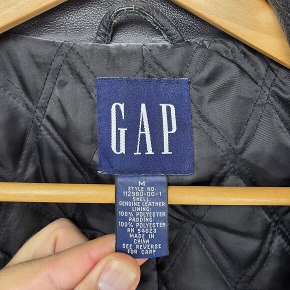 Vintage Gap Leather Jacket Mens Medium Black Peacoat Overcoat Y2K Quilted Lined - Picture 7 of 14